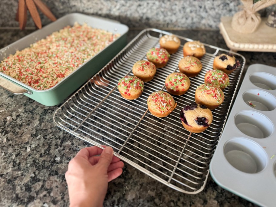 hand holding cooling tray with muffins on it