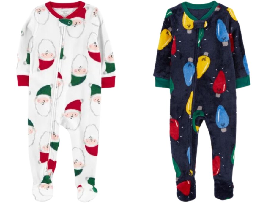 baby Christmas print footie pajamas, one white with Santa, one blue with Christmas lights