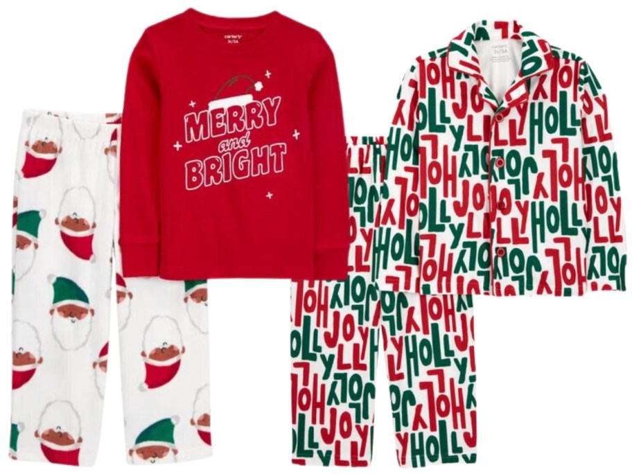 kids Christmas pajama top and pants sets, one red top and white pants with Santa, and one button down top and pants with red and green "Holly Jolly" on them