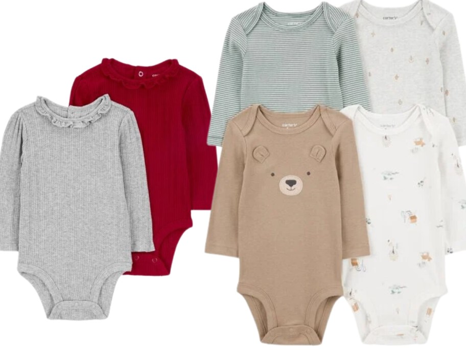 baby long sleeve bodysuits, one grey and one red with ruffles, and a 4 pack in tans, whites, blues, and greys