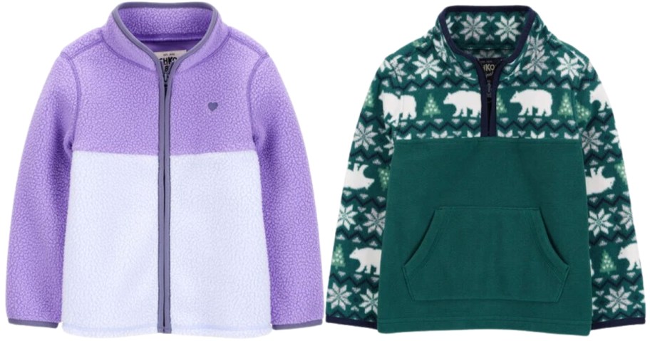 a kids purple zip up fleece jacket and a pullover green with fair aisle snow and bear print