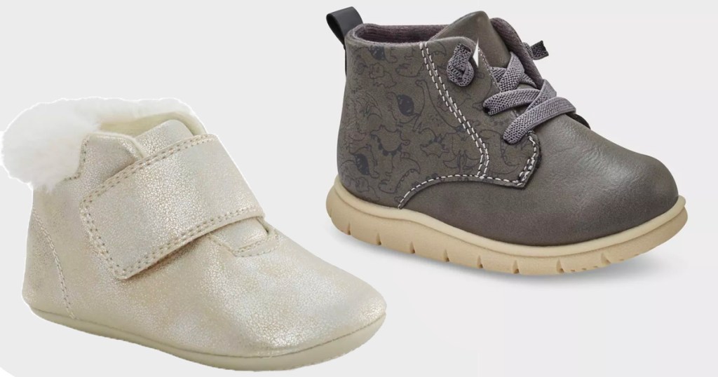 white and gray carters winter boots
