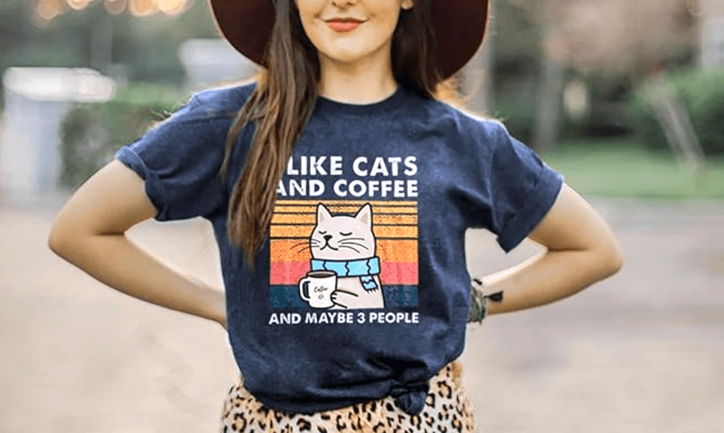 woman wearing cat and coffee tee