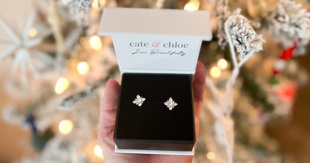 hand holding cate and chloe earrings in box