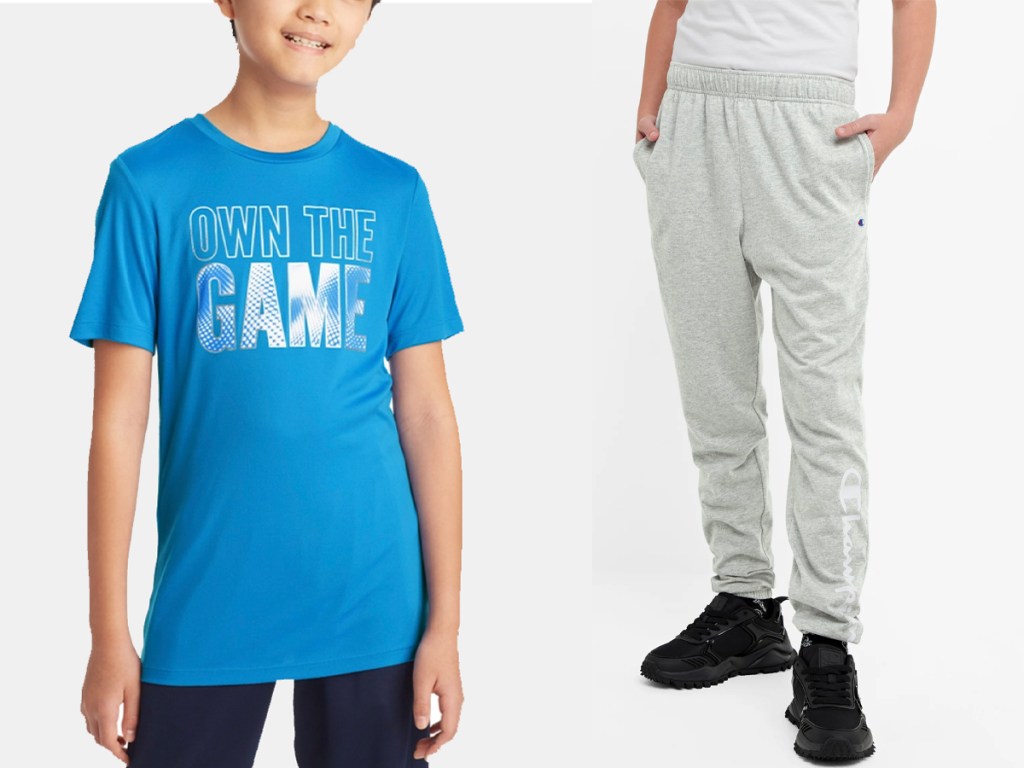 boy wearing blue shirt and gray pants