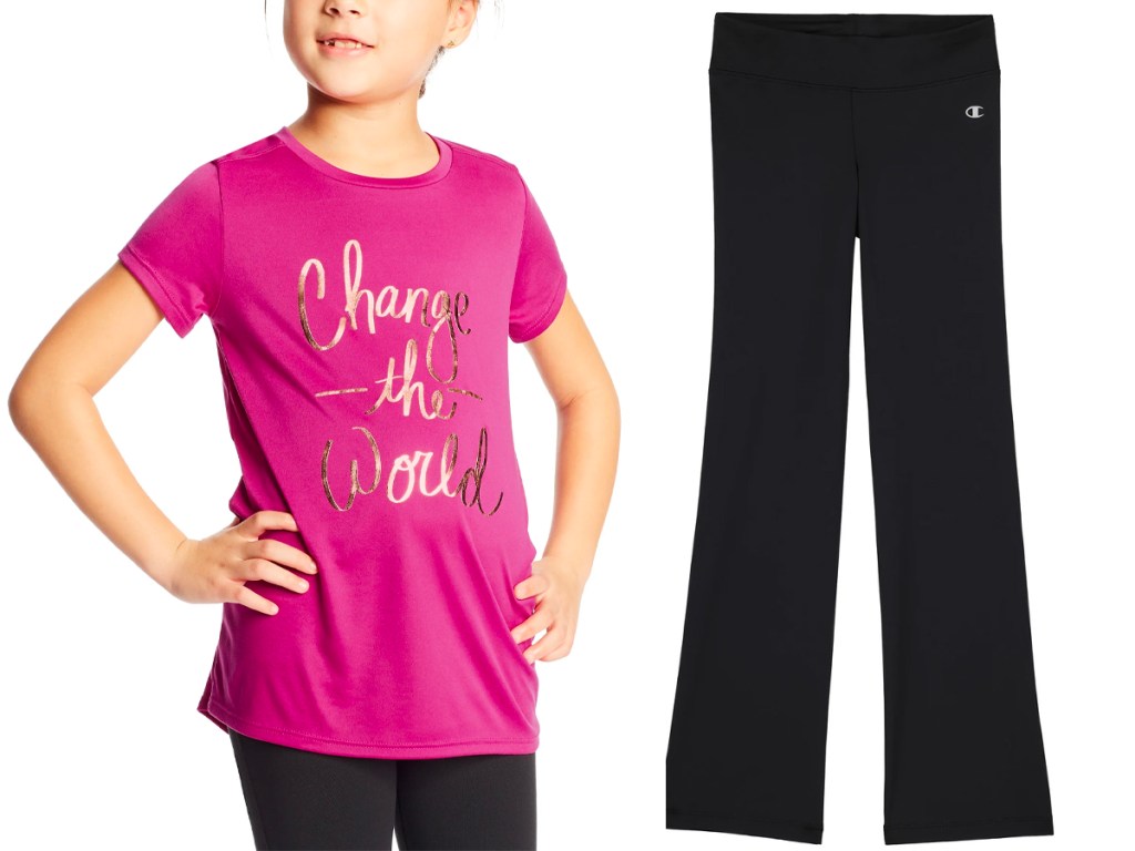 girl wearing pink champion shirt and pair of black pants next to her