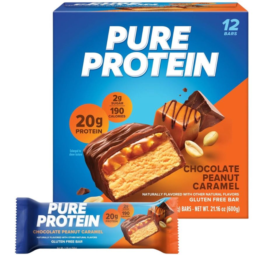 a 12 count box of pure protein bars in chocolate Peanut caramel