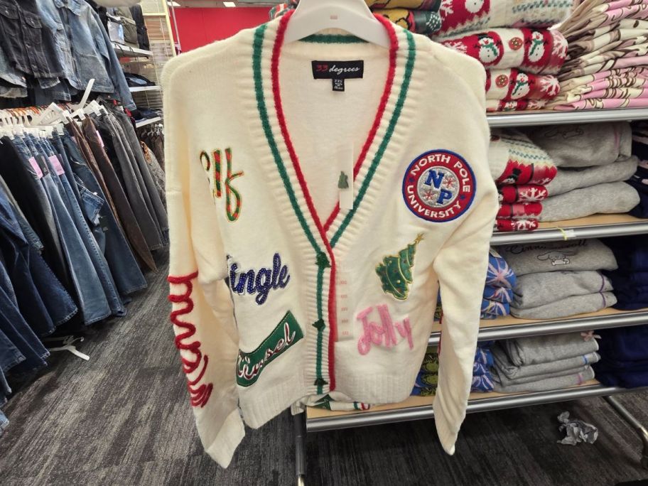 33 Degrees Women's Holiday Patchwork Festive Graphic Cardigan in store