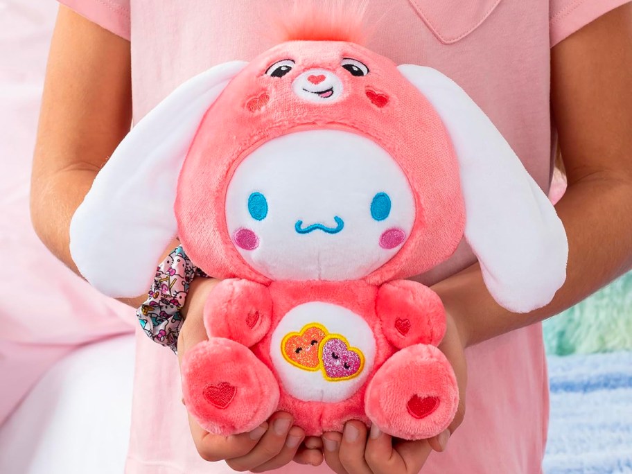 hands holding cinnamoroll dressed as care bear