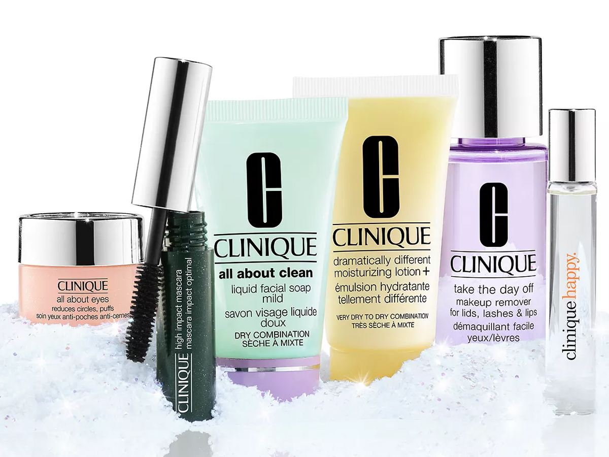 clinique eye cream, mascara, facial soap, lotion, makeup remover and fragrance spray