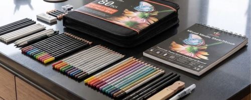 coloring 80-piece kit on top of a kitchen island