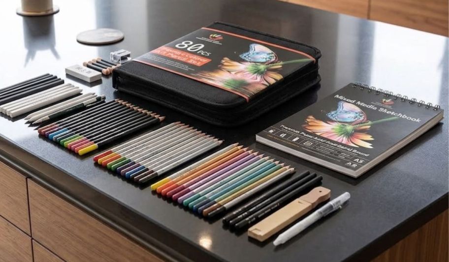 coloring 80-piece kit on top of a kitchen island