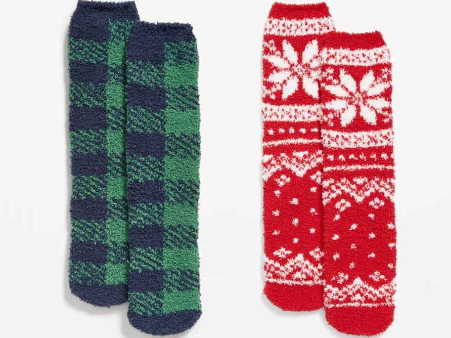 plaid and red snowflake mens cozy socks 