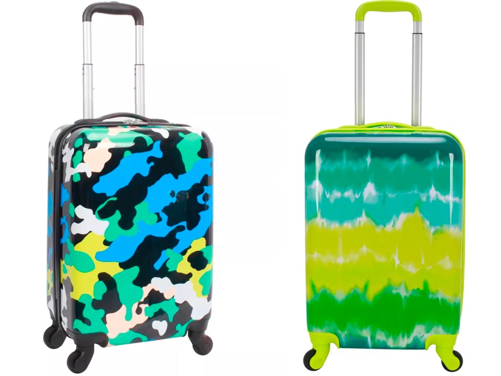 Crckt Kids' Hardside Carry On Spinner Suitcase in neon camo and tie dye