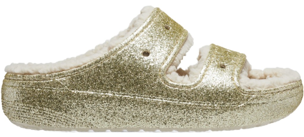gold glitter two band cozy sandals
