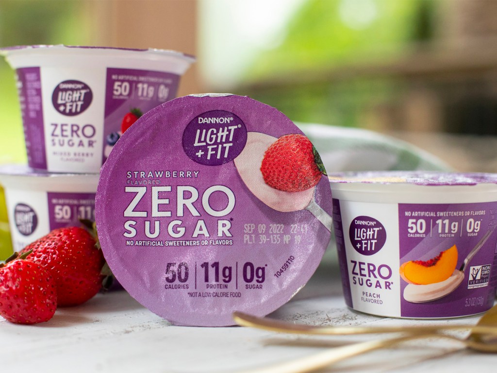 dannon light fit zero sugar yogurt cups on table
