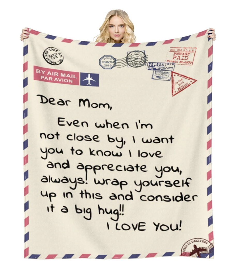 Dear mom note on throw blanket 