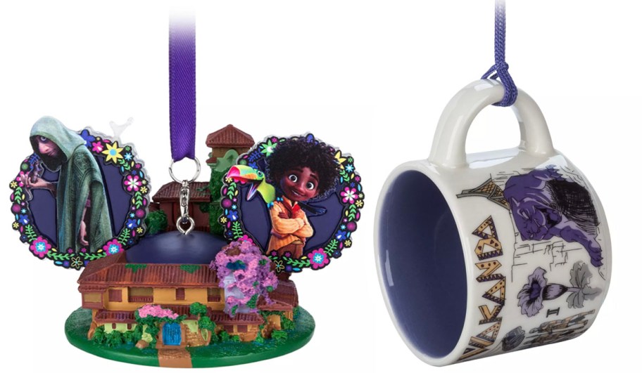 mickey shaped encanto purple ornament and starbucks mug ornament with wakanda print 