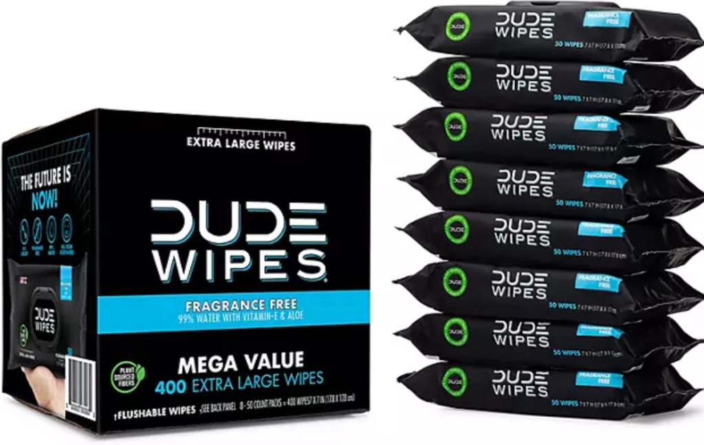 dude wipes mega set box with wipes stacked next to it