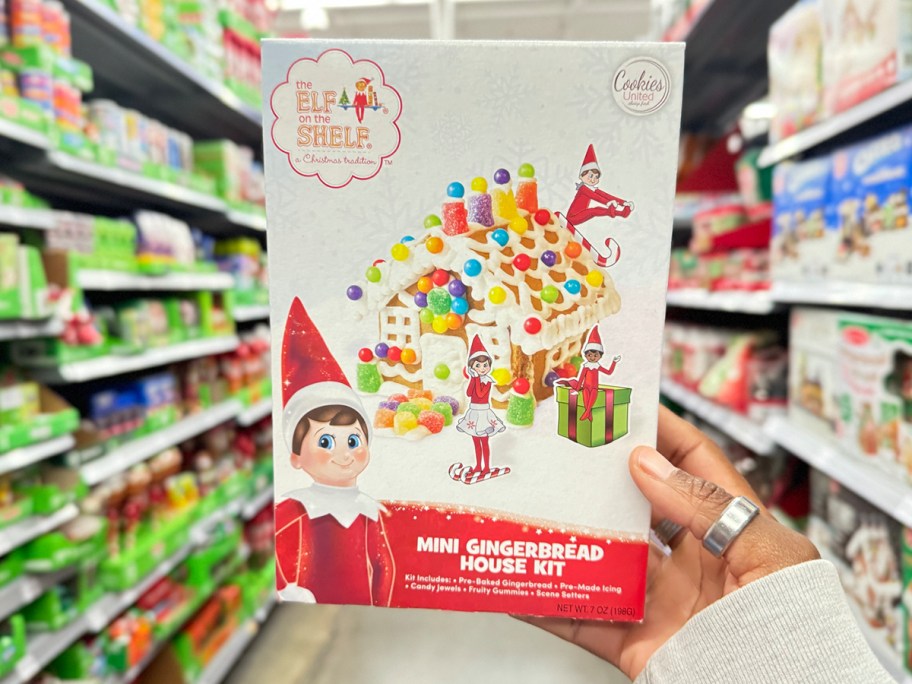 hand holding elf on the shelf cookie house kit 