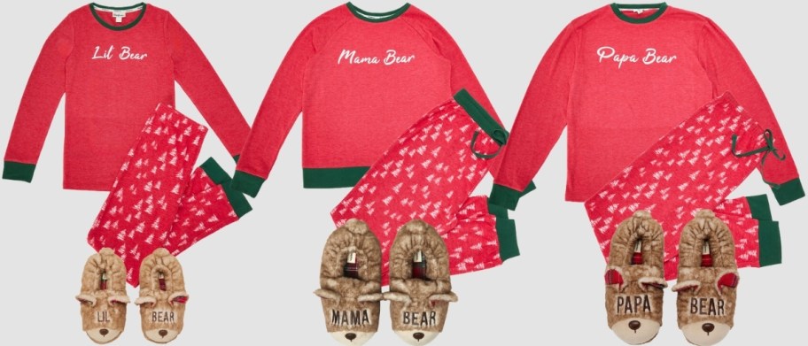 three sets of matching family pajama and slippers