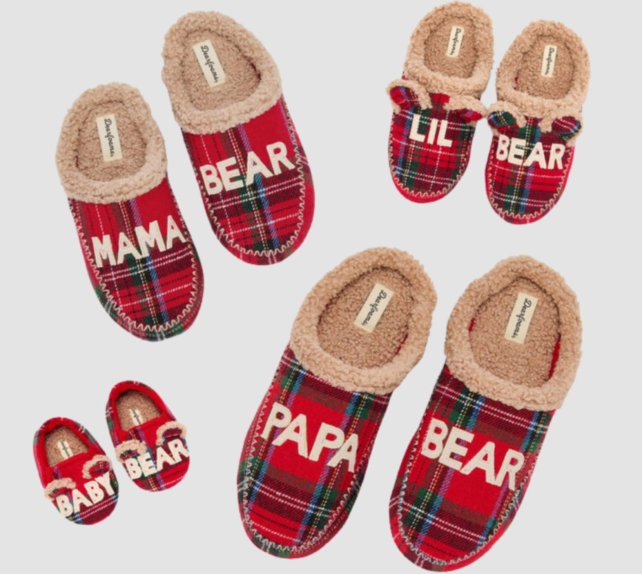 four pair of red plaid matching family slippers
