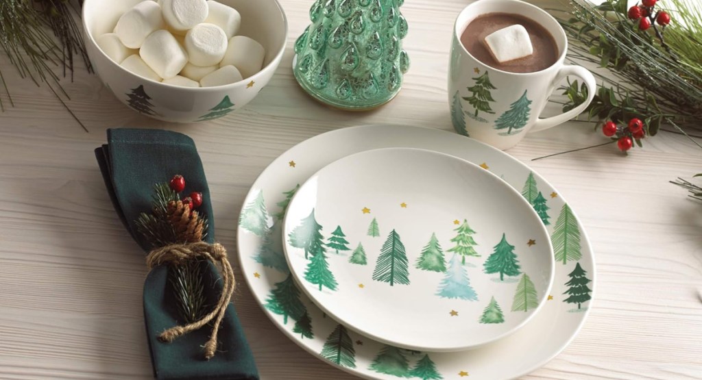 festive tree dishware with drinks and food on the table