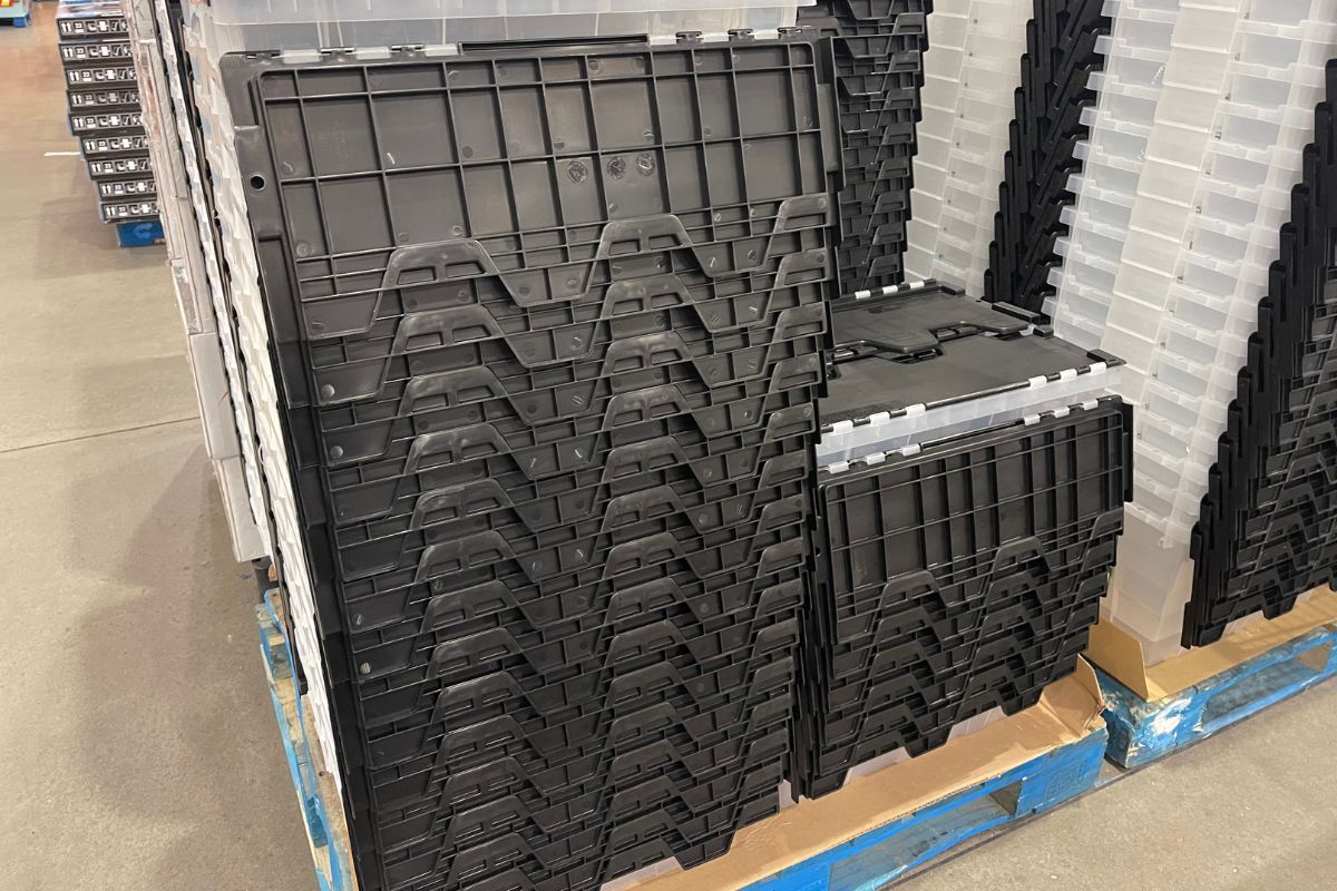 flip top crates 12 gallon stacked in a costco