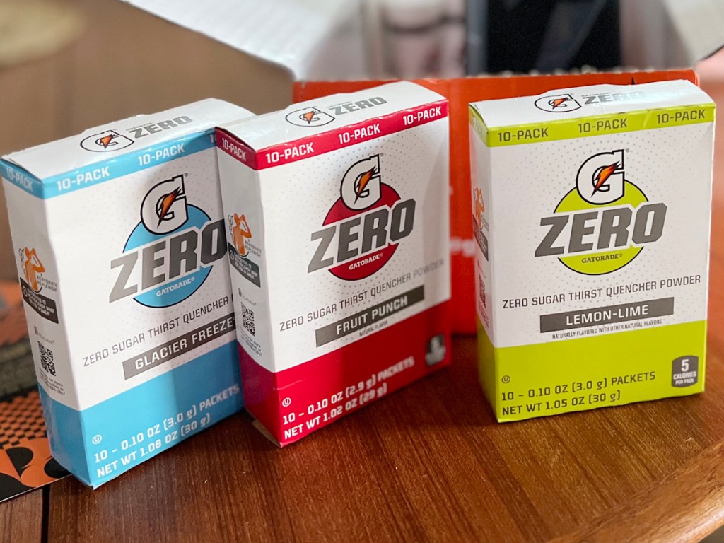 three boxes of gatorade zero sugar packets 