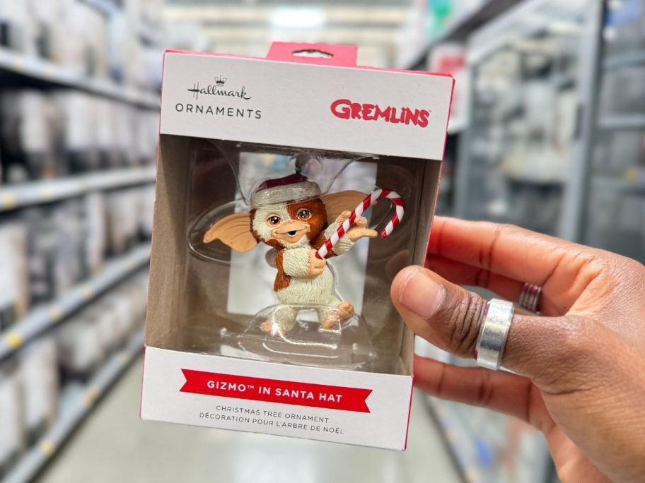 a womans hand holding a boxed gizmo ornament