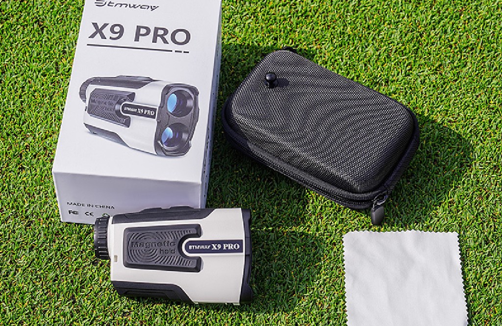 golf laser with carry bag and box it comes I'm showcased on the grass