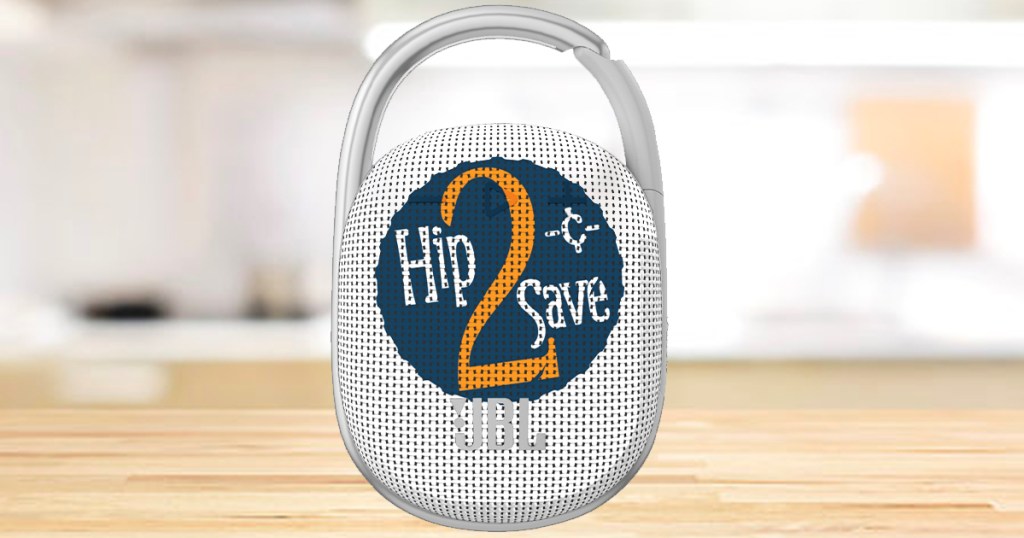 jbl speaker on counter with hip2save logo on it