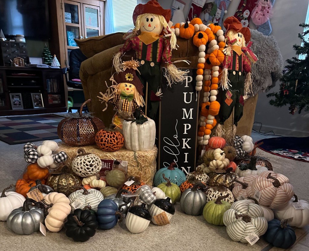 hobby lobby fall clearance haul on display in a living room