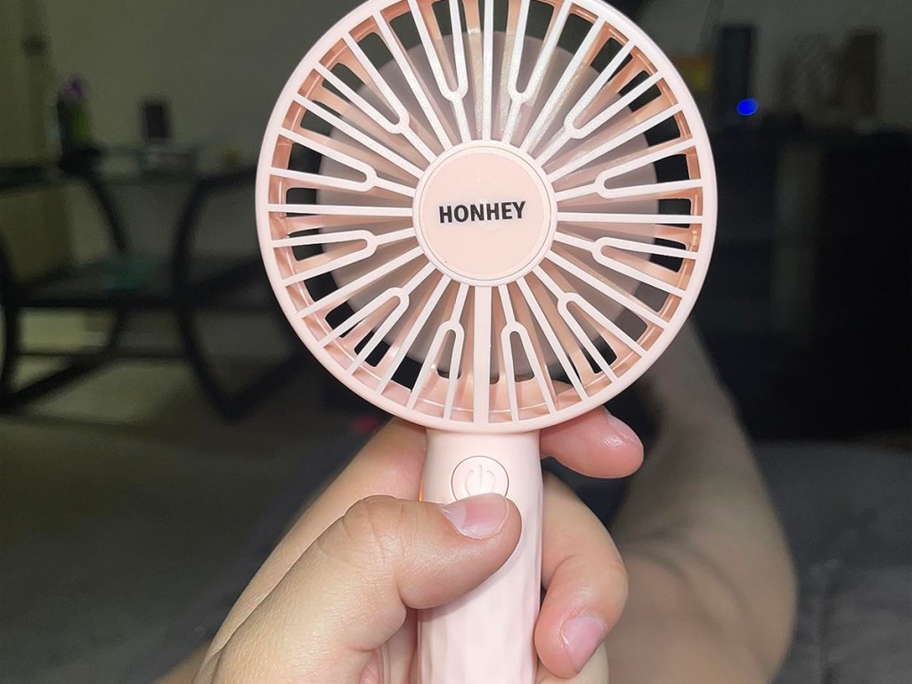 pink honhey fan in hand