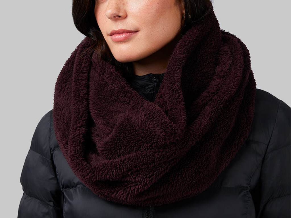 woman wearing maroon infinity scarf
