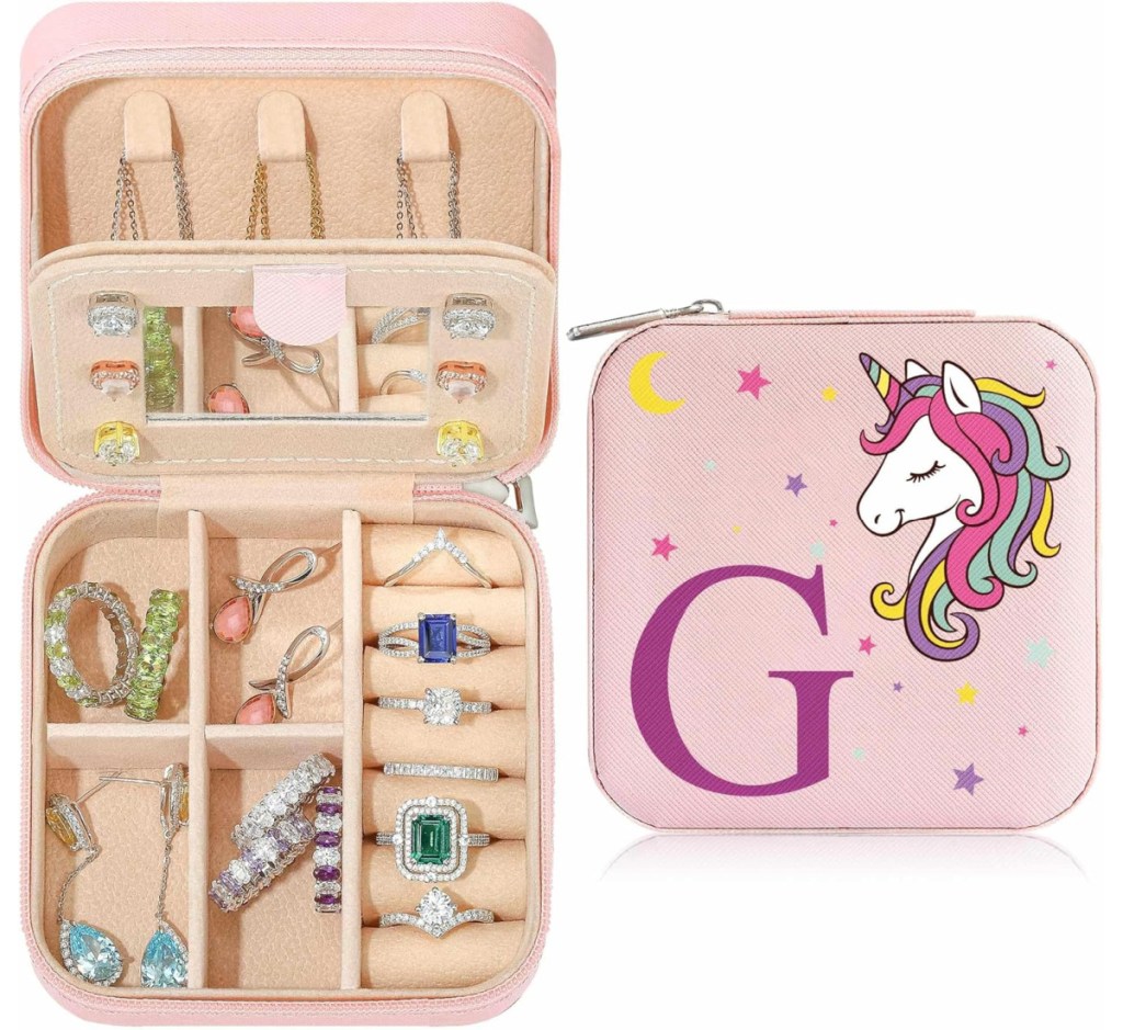 unicorn jewelry box showing inside dividers