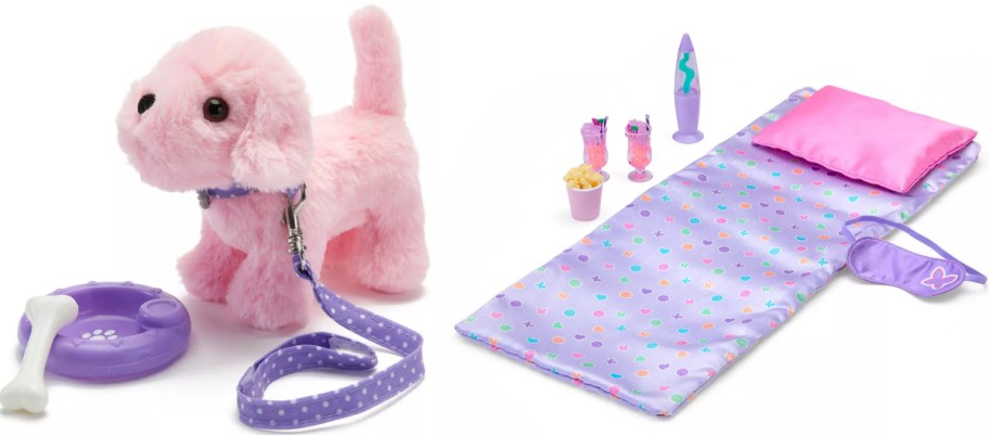 A plush pink toy dog with a purple leash is beside a dog bowl and bone. Adjacent is a colorful sleeping bag set with a pillow, eye mask, and mini accessories.