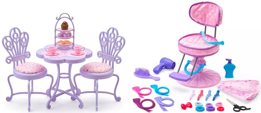 Toy set with two purple chairs and a table featuring tea items on the left, and a pink salon chair with hair styling accessories on the right.