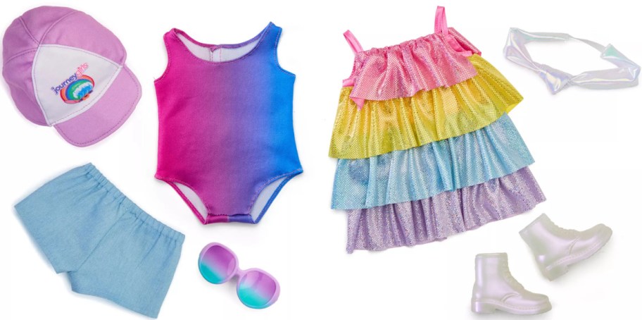 A vibrant dolls' clothing set featuring a rainbow leotard, colorful tiered dress, pastel cap, blue shorts, gradient sunglasses, clear boots, and a shiny headband.