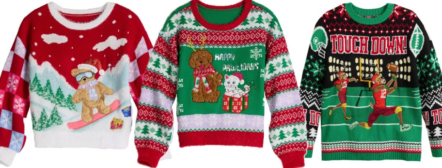 three red and green christmas sweaters 