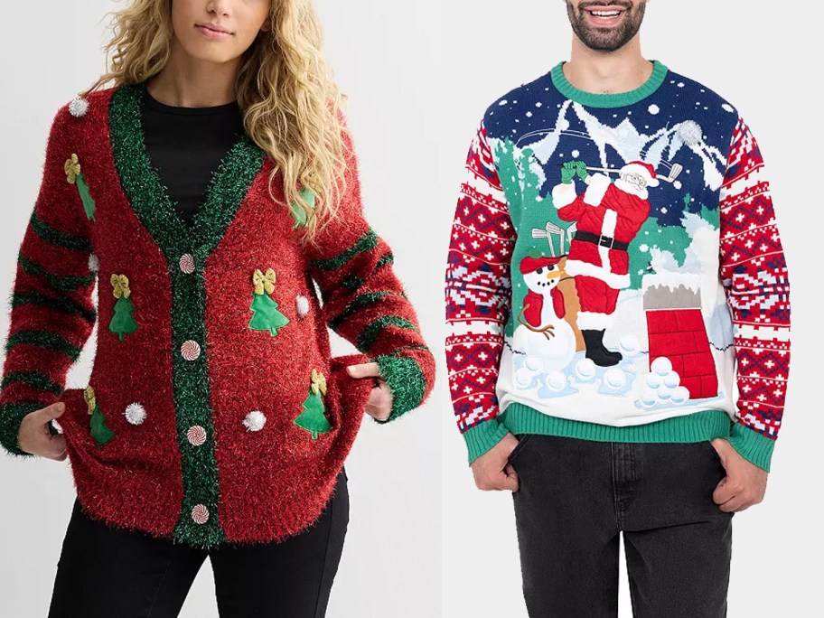 woman and man wearing christmas sweaters 