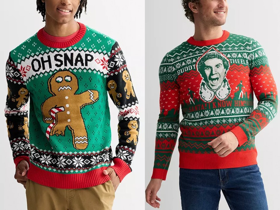 two men wearing christmas sweaters 