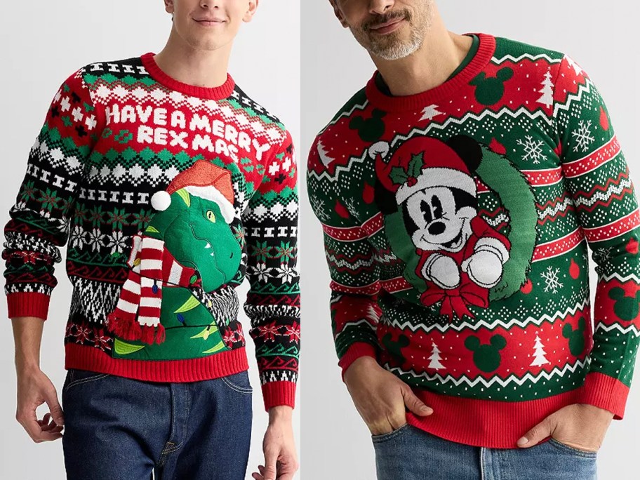 men wearing dinosaur and mickey mouse sweaters 