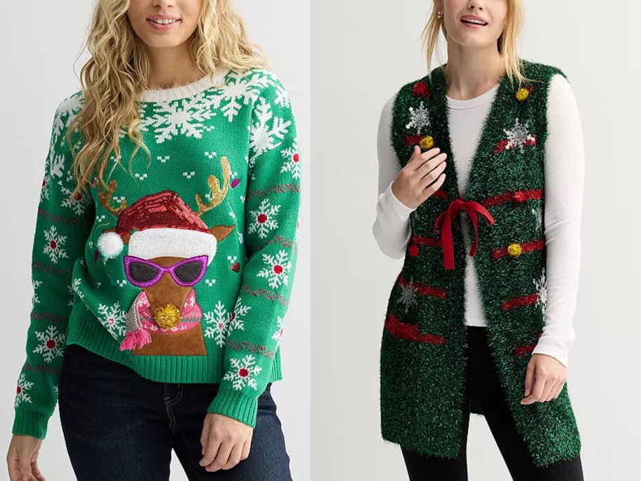 two women wearing green ugly christmas sweaters and vest 