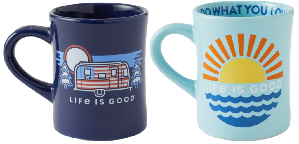 navy blue and light blue coffee mugs