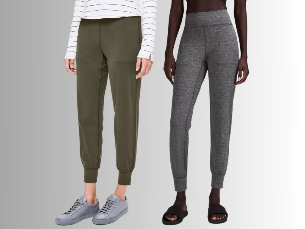 woman wearing green joggers and woman wearing gray joggers