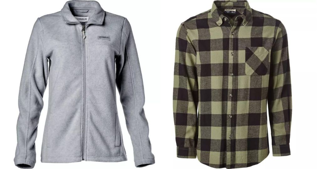 gray womens zip up fleece and green plaid mens button up