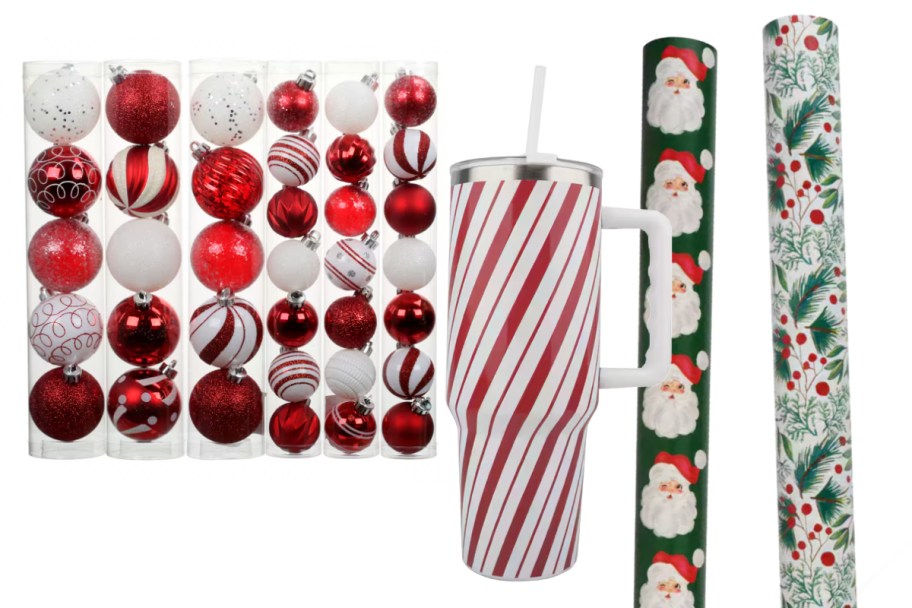 christmas ornaments and wrapping paper