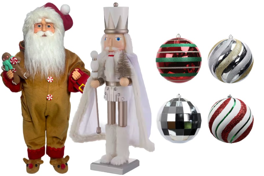 santa nutcracker and ornament decor