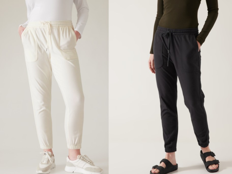 model images of Athleta Joggers in beige and black